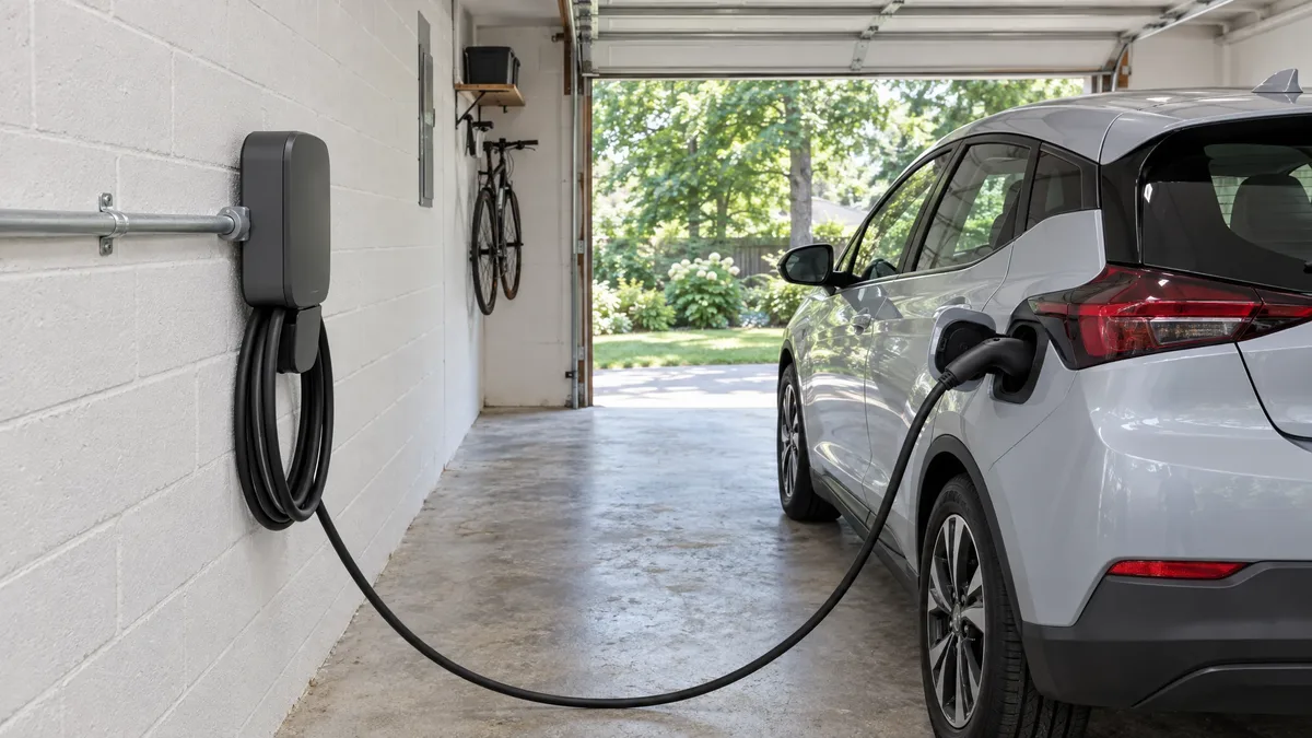 Silver electric hatchback charging from a wall-mounted unit in a garage