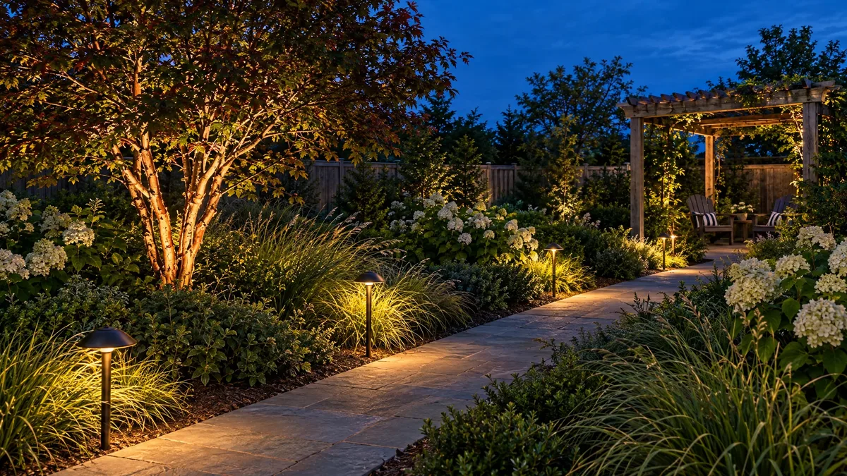 Warm path lights and an illuminated maple along a garden walkway leading to a pergola