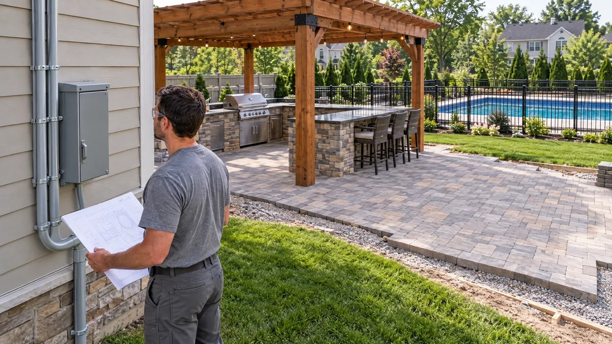 Electrician reviews an outdoor disconnect beside a patio kitchen and fenced swimming pool