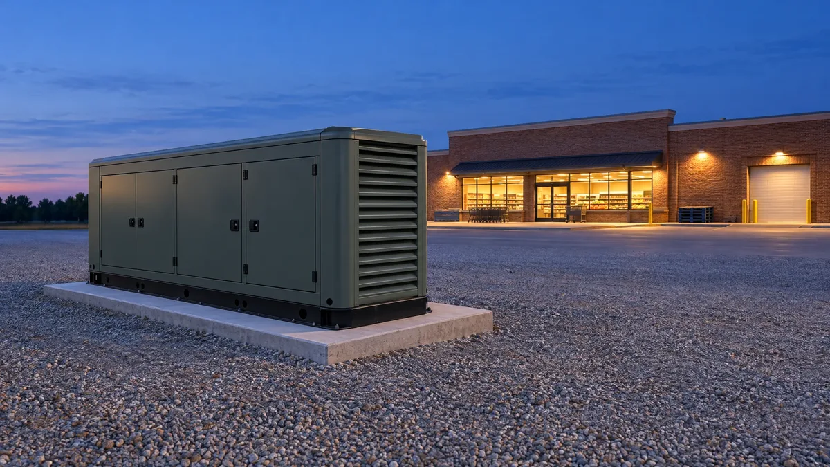 Commercial standby generator on an open gravel pad near a lit grocery building at dusk.