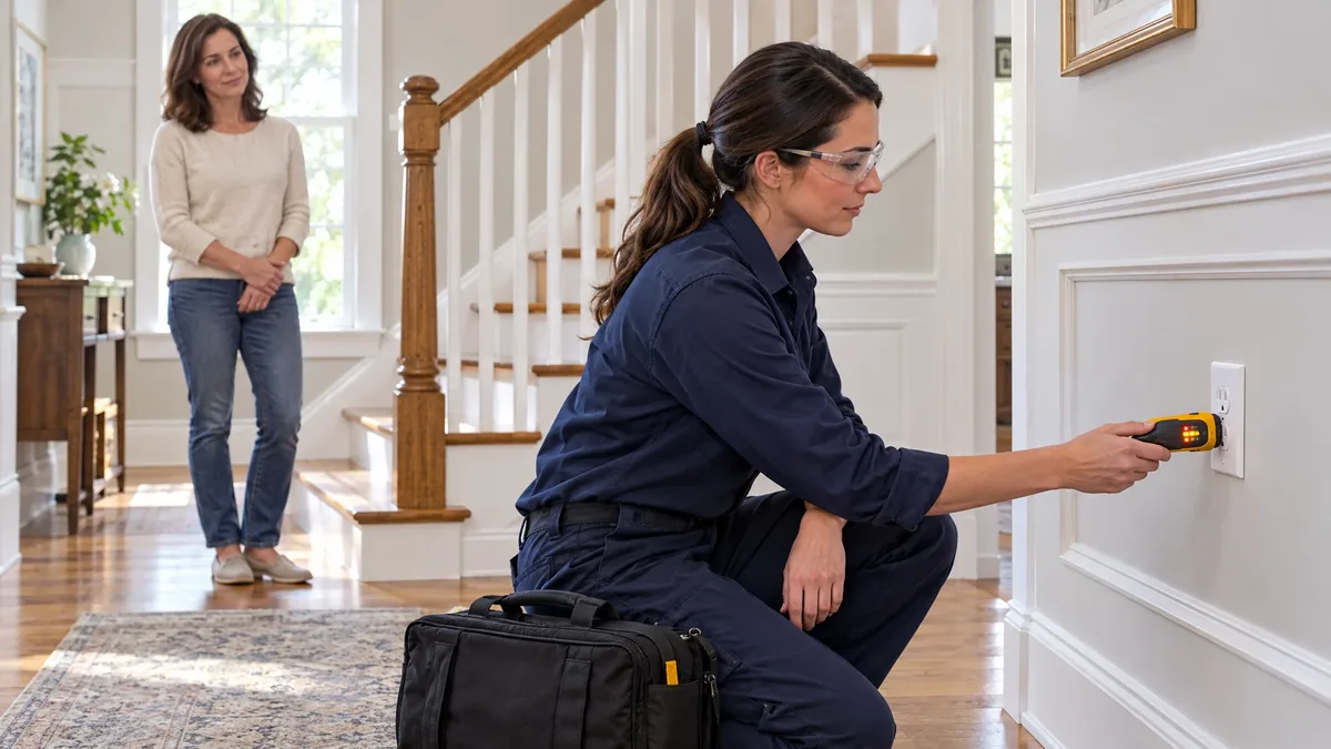 Electrician tests an intact hallway outlet while a homeowner waits by the stairs