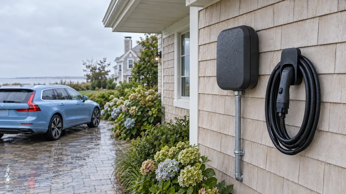 Outdoor EV charger and coiled cable beneath a cottage roof overhang after rain