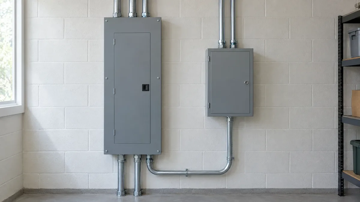 Closed electrical service panel and transfer switch with enclosed conduit