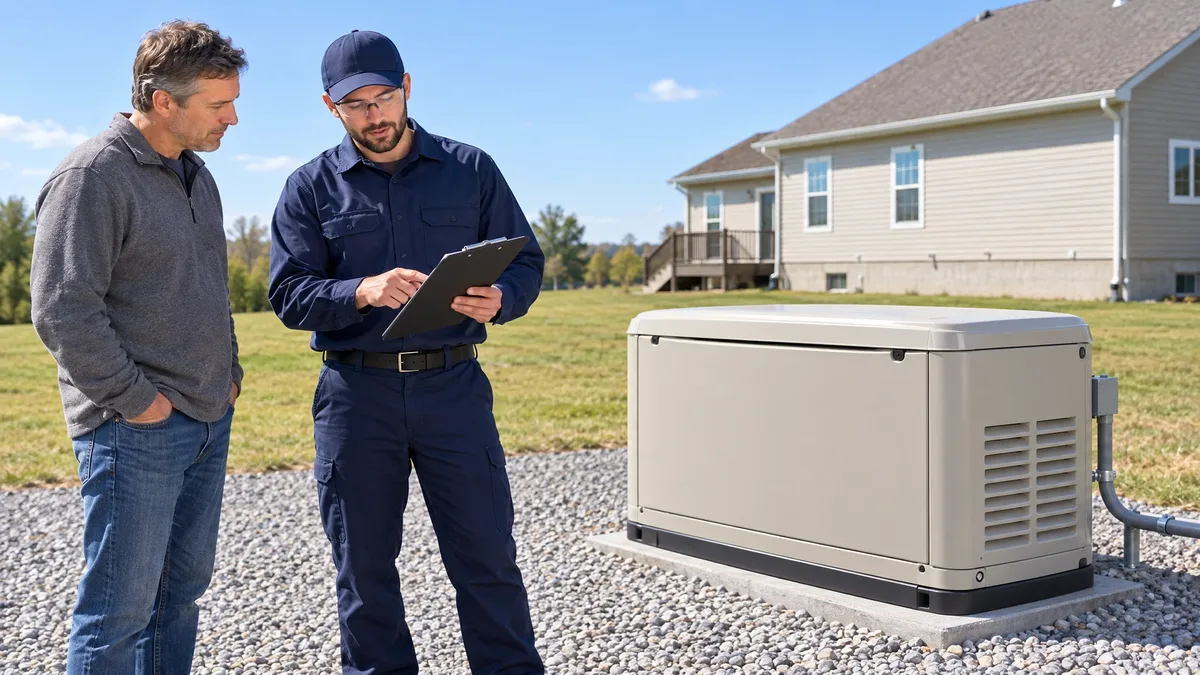 Technician discusses a maintenance checklist with a homeowner beside a closed standby generator