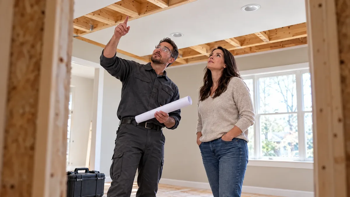 Electrical contractor discusses ceiling fixture locations with a homeowner during renovation