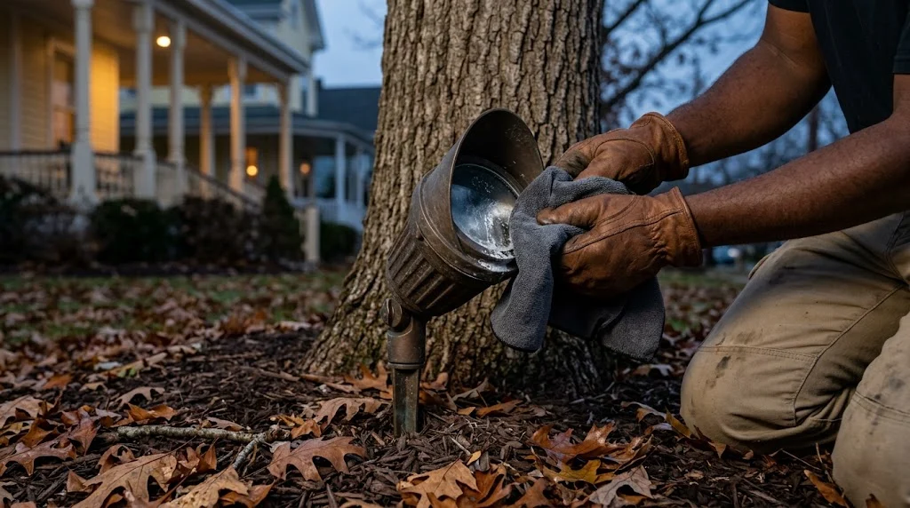 Hands cleaning an outdoor landscape light with a cloth