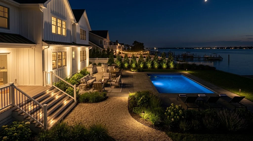 Waterfront home with lighting around a patio, pool, and steps at night