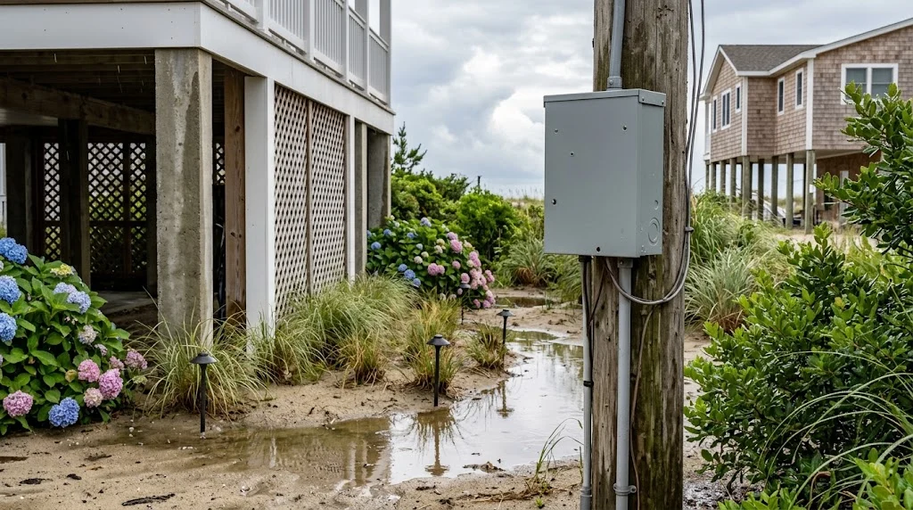 Outdoor electrical equipment above standing water near a coastal home