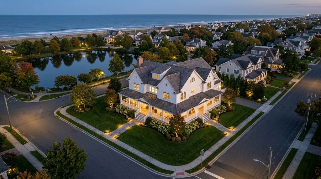 Jersey Shore neighborhood with an illuminated home and walkways at dusk