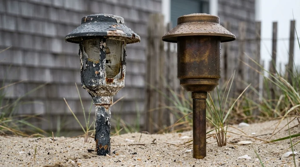 Two outdoor path lights showing different levels of surface corrosion