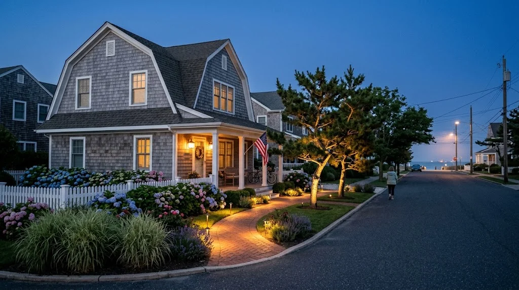 Coastal home with illuminated paths and landscape planting at dusk
