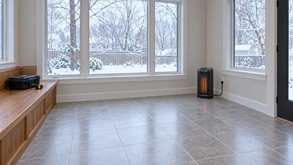 Portable heater plugged directly into a wall outlet in a clear tiled mudroom with snow outside