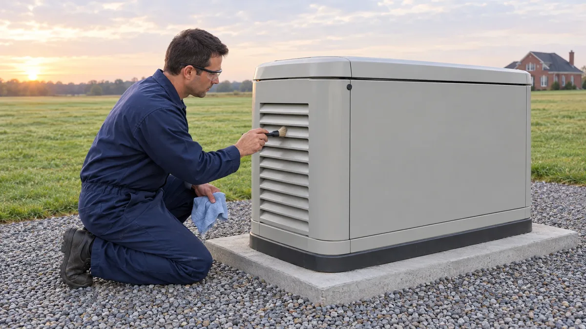 Technician brushing a standby generator exterior ventilation grille.