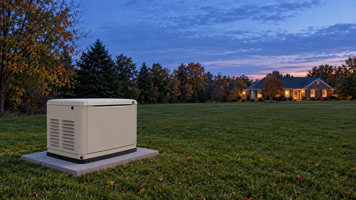 Standby generator in an open yard with a warmly lit brick home in the distance