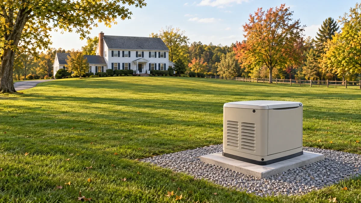 Standby generator on a level pad across the lawn from a white colonial home