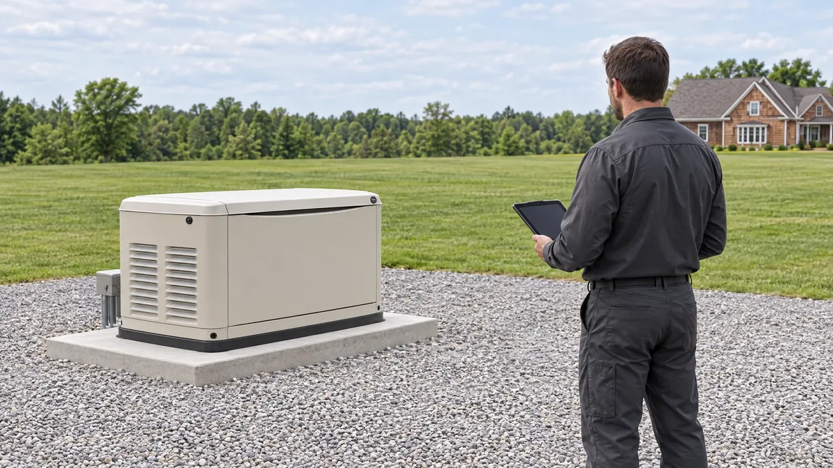 Electrician assessing a standby generator with a tablet in an open yard