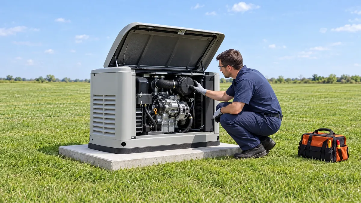 Technician inspecting a standby generator air-filter housing on an open lawn.