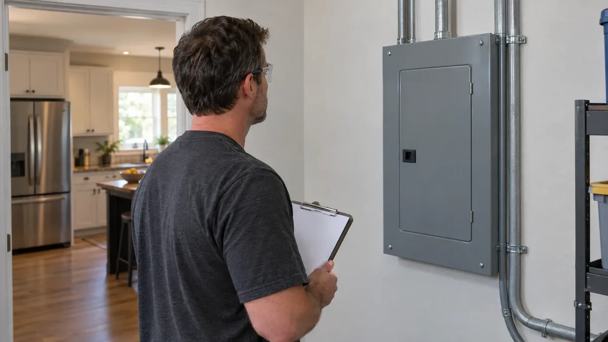 Electrician reviewing a closed panel near household kitchen appliances
