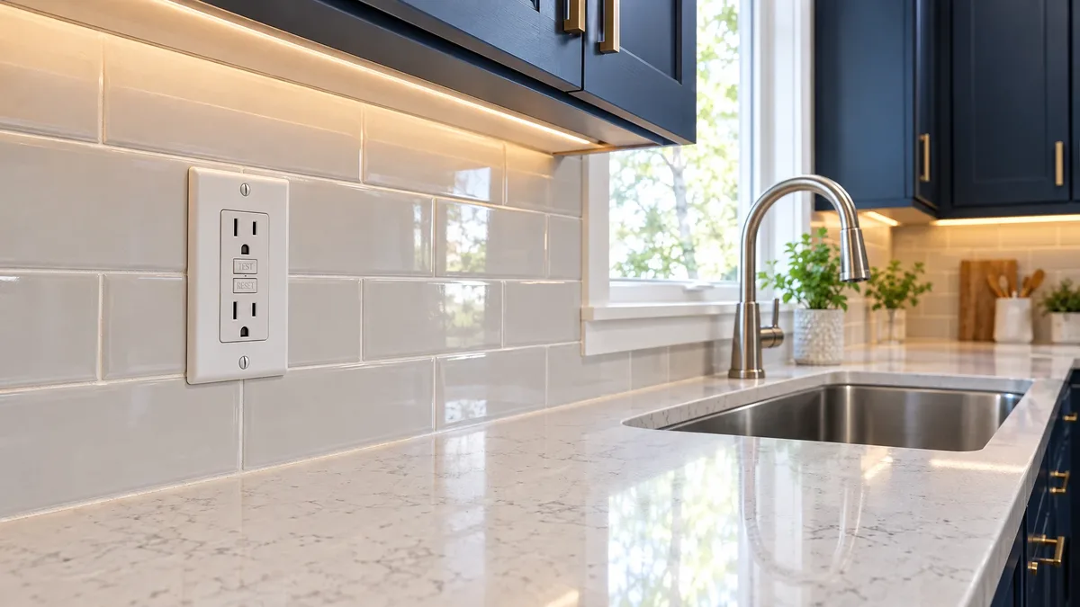 GFCI receptacle installed in a tiled kitchen backsplash beside a dry countertop