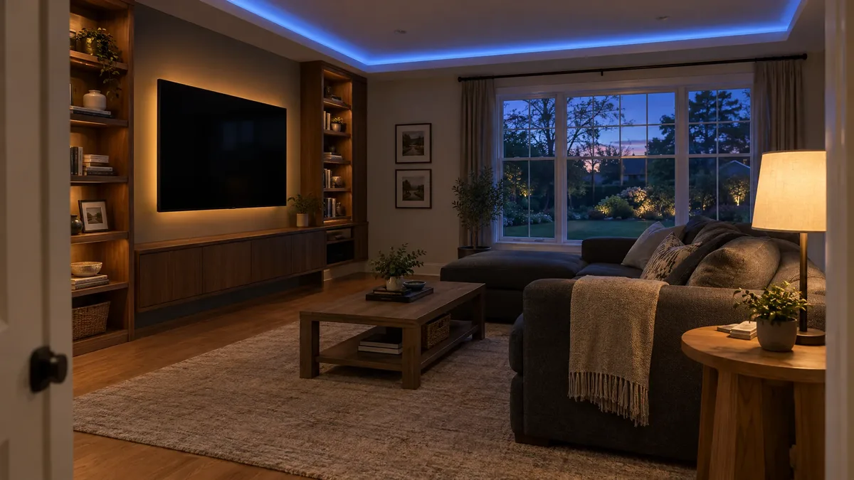Blue ceiling LED accents and amber TV backlighting beside a warm table lamp