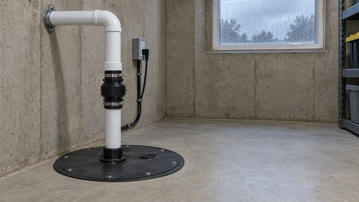 Sealed sump basin and discharge pipe in a dry basement during rain
