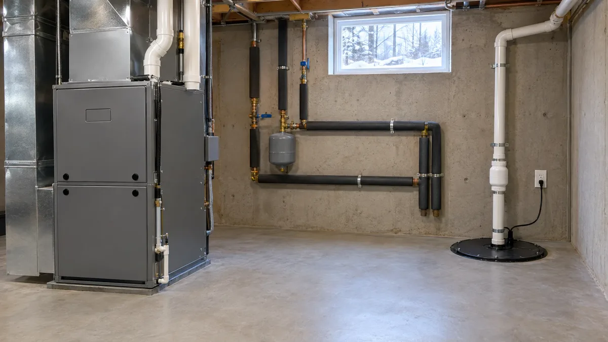 Enclosed furnace, sump basin and water pipes in a dry basement in winter
