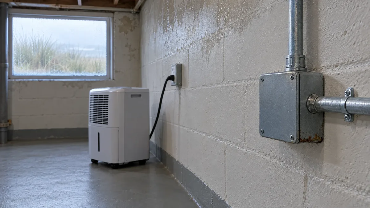 Closed metal junction box with surface corrosion beside a dehumidifier and misted basement window