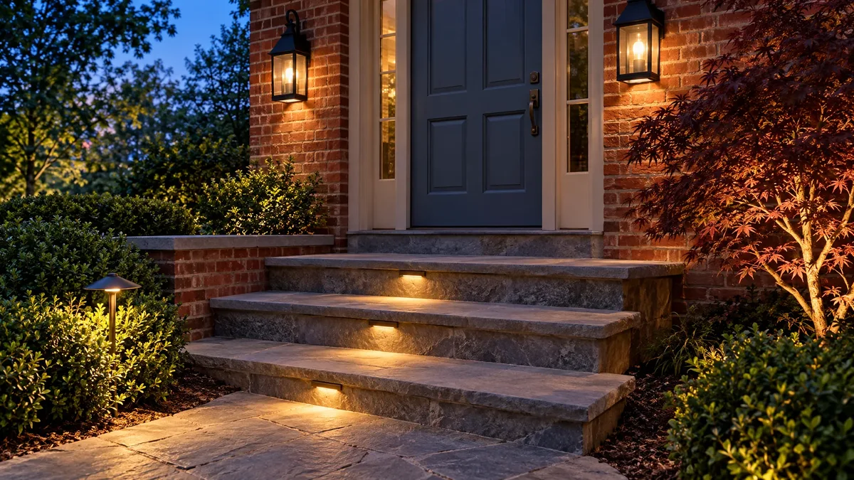Warm step lights and wall lanterns illuminating a brick home entrance at dusk