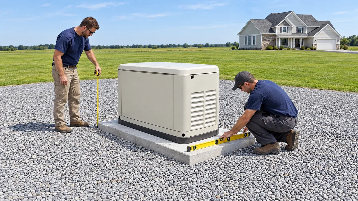 Two technicians checking a standby generator pad with a level and tape measure.