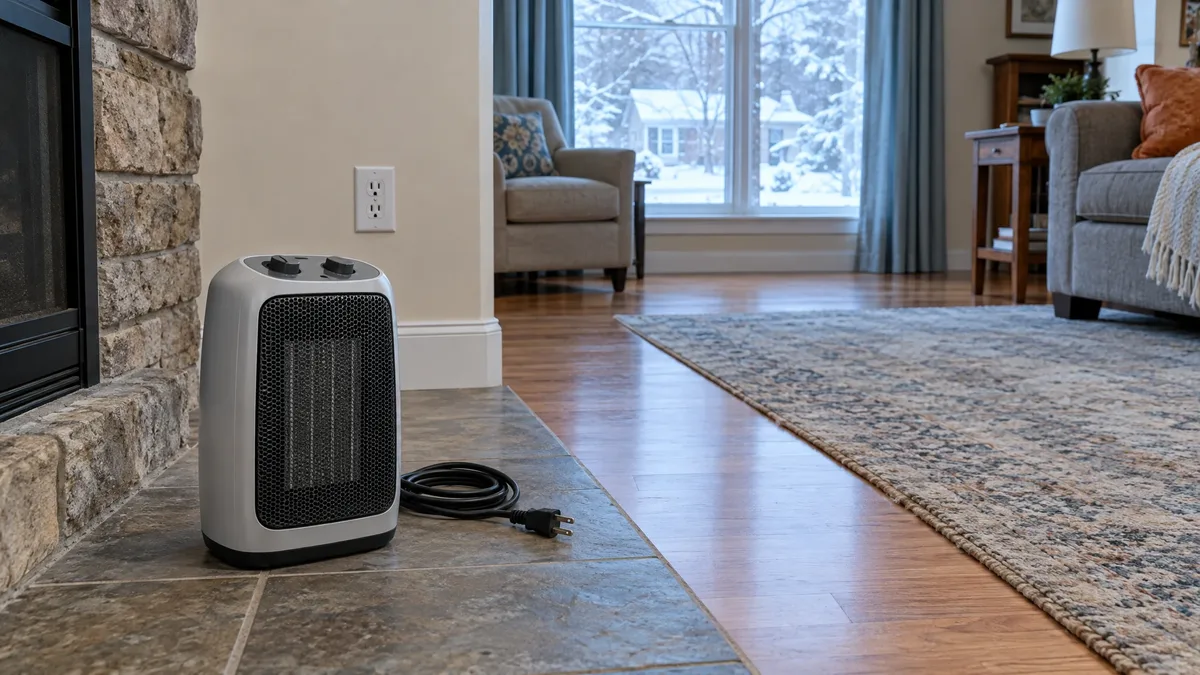 Unplugged electric space heater on a tile hearth in a winter living room.