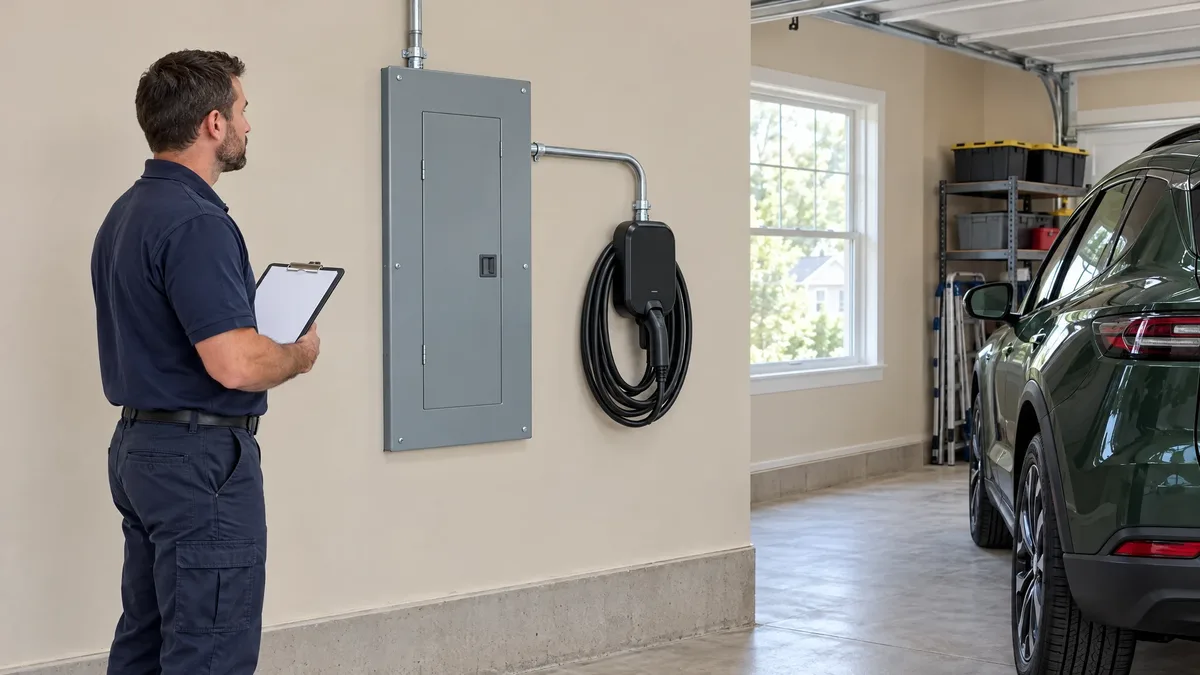 Electrician reviewing a closed electrical panel beside a garage EV charger