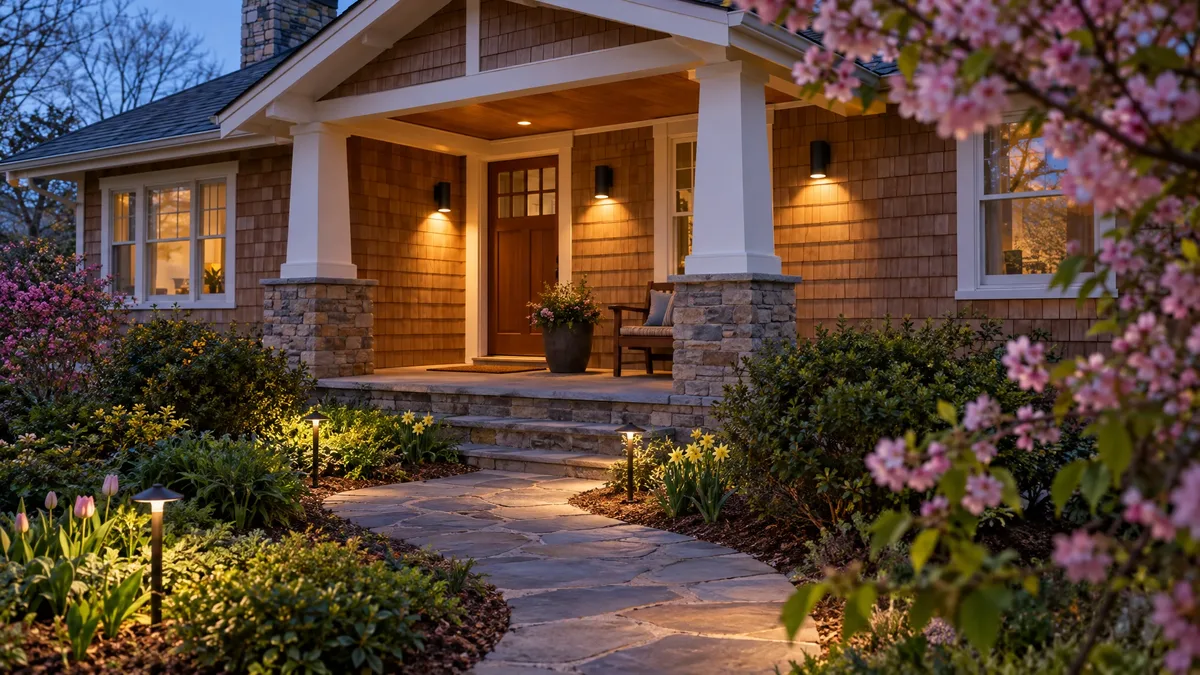 Warm porch sconces and path lights illuminate a spring garden at dusk