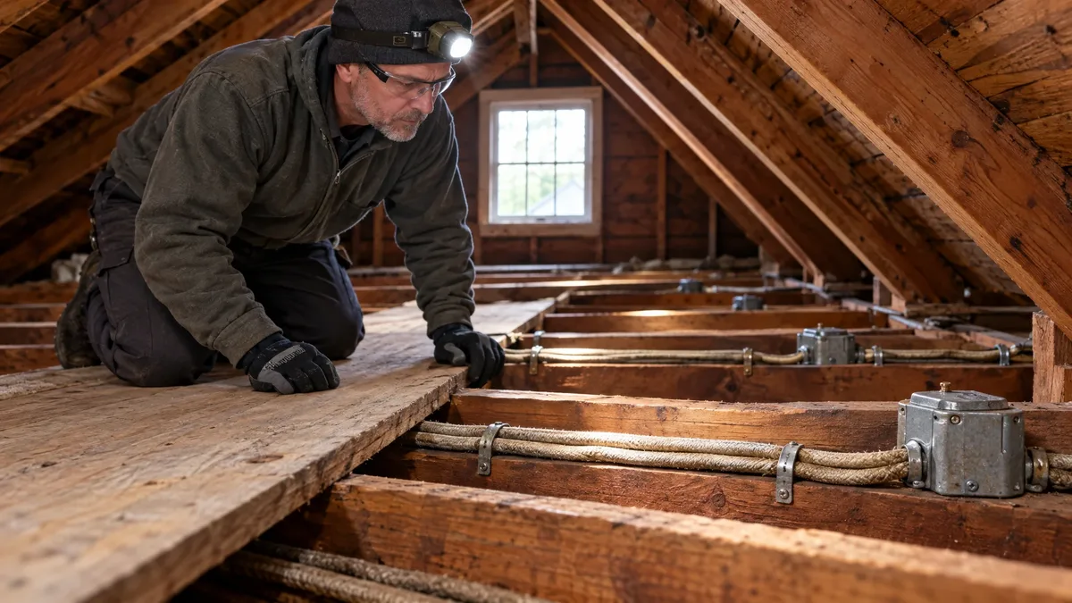 Equipped electrician inspects intact fabric-jacketed cables and closed boxes in an older attic