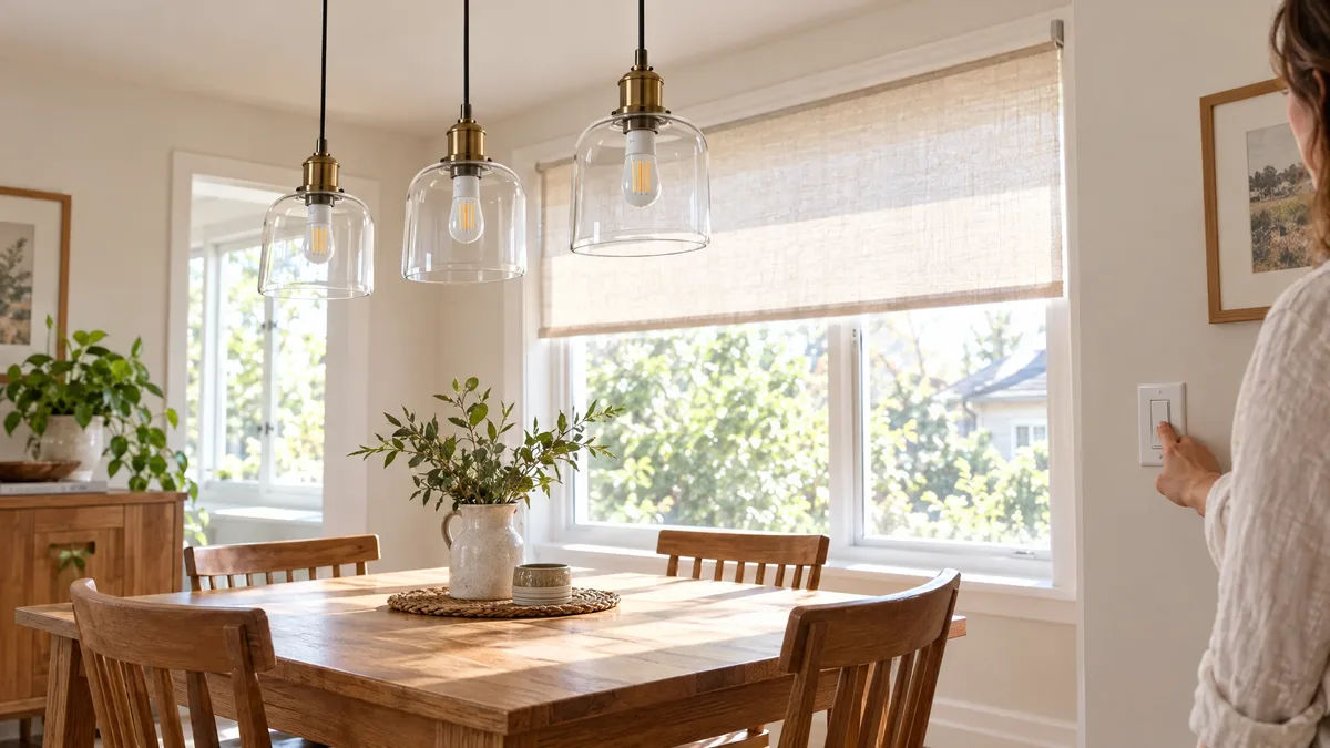 Homeowner switches off LED pendant lights in a sunlit dining room