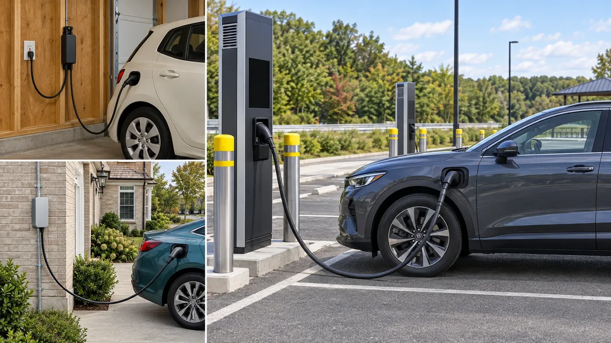 Home outlet and wallbox charging scenes beside an electric SUV at a public fast charger