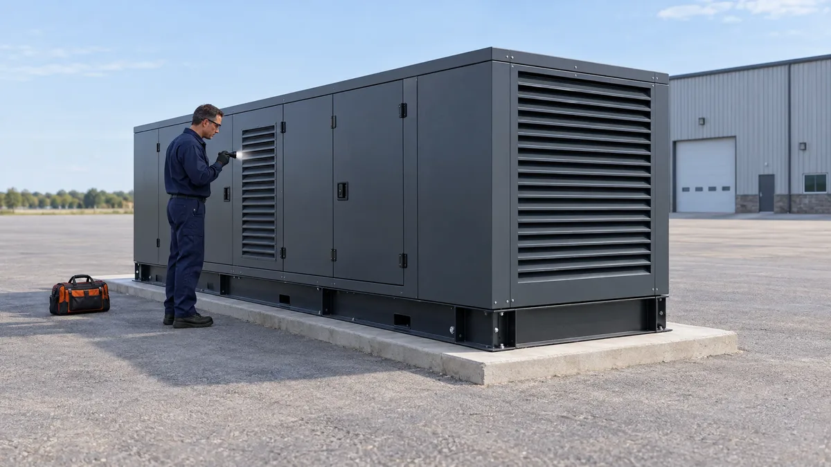Technician inspecting a commercial generator ventilation grille in an open service yard.