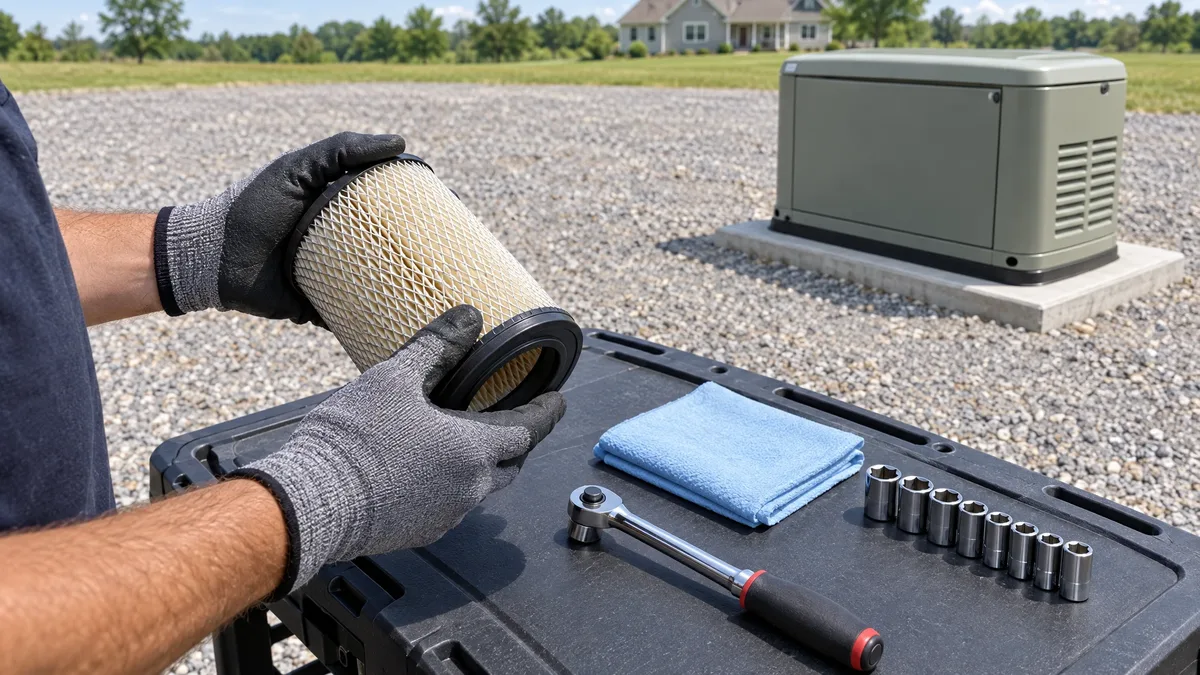 Gloved hands inspecting an air filter beside maintenance tools and an outdoor standby generator.