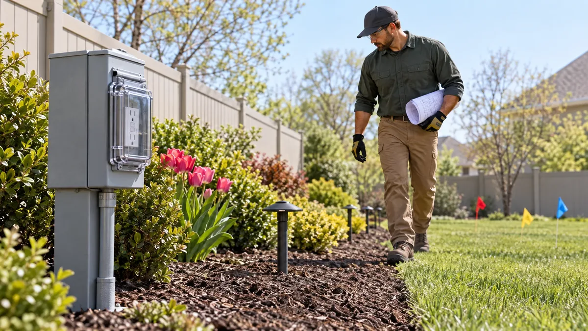 Electrician assesses garden lighting beside a covered outdoor outlet and utility flags