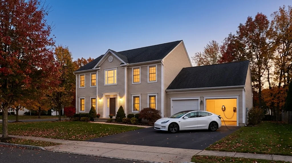 Home with an electric vehicle parked in the driveway