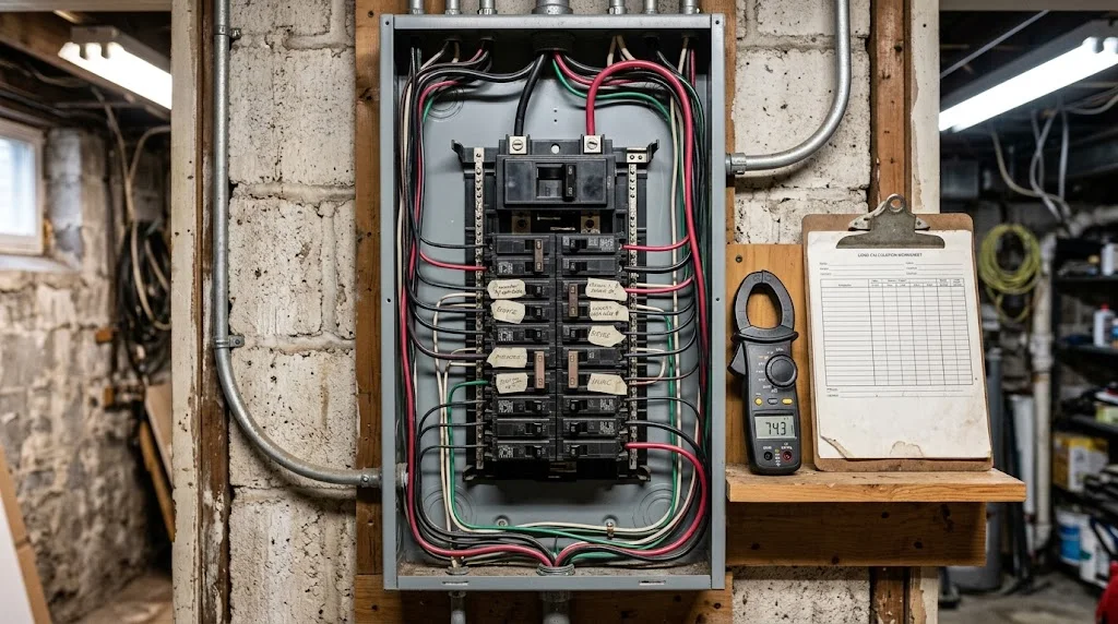 Electrical panel with a load-calculation worksheet nearby