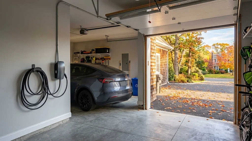 Wall-mounted EV charger in a residential garage