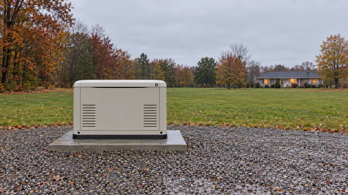Standby generator in a damp autumn yard with a distant lit home