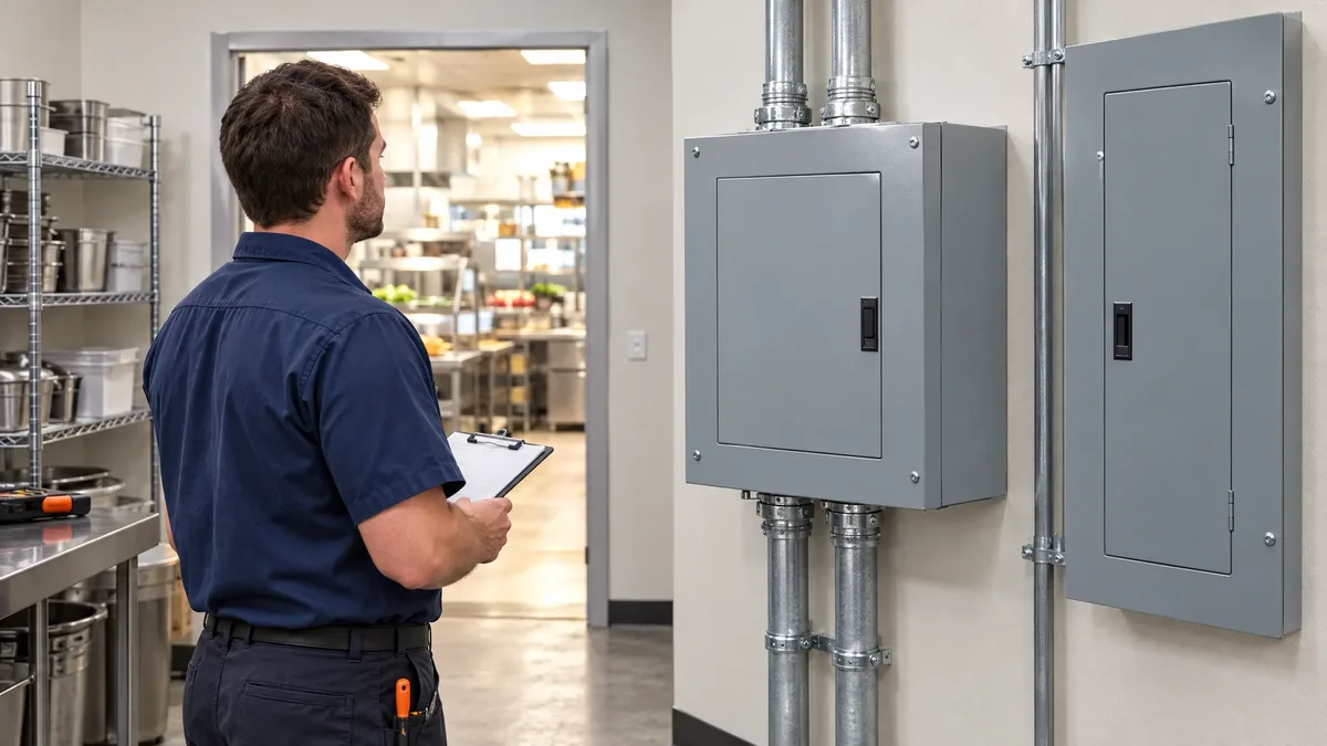 Technician inspecting closed electrical enclosures in a commercial kitchen utility room.