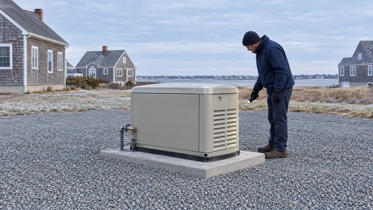 Technician checking a natural-gas standby generator in a coastal winter yard.