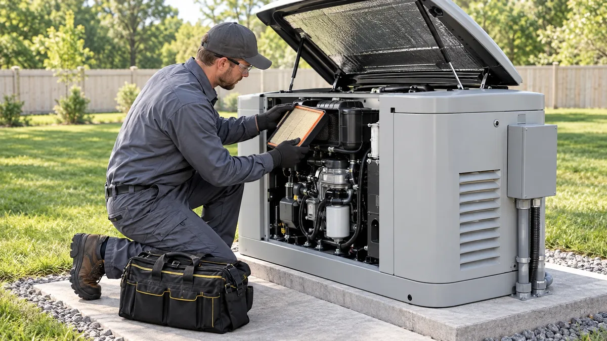 Gloved technician inspects an air filter beside an open standby generator service compartment