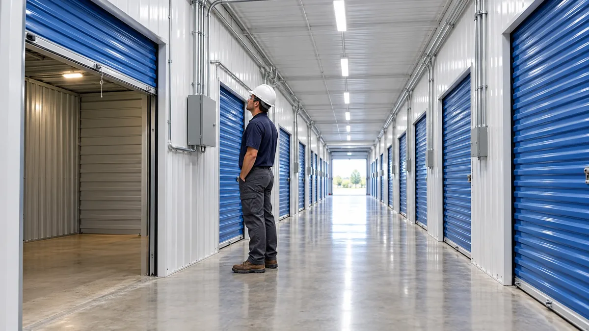 Electrician assesses conduit and lighting along a corridor of individual storage units