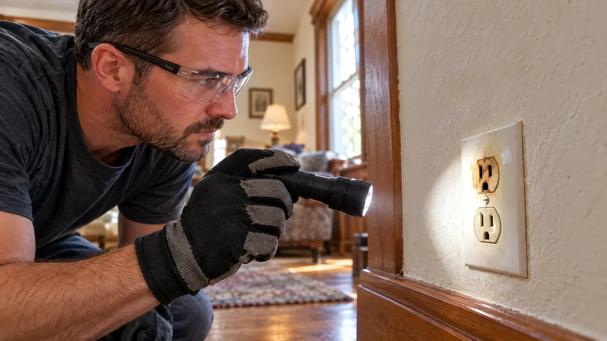 Electrician uses a flashlight to inspect a discolored wall receptacle
