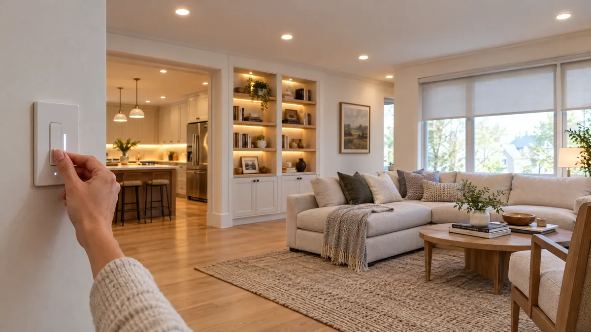 Hand adjusts a smart dimmer controlling recessed lights in an open-plan living room