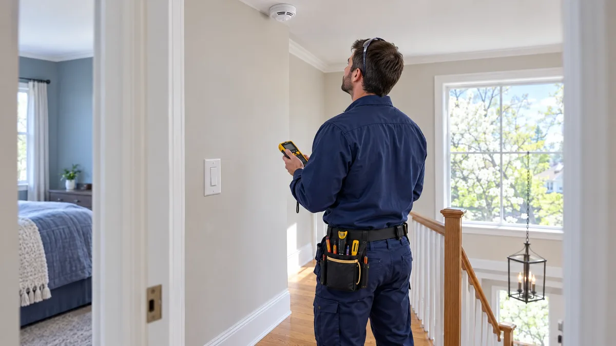 Electrician checks a smoke detector and intact switch on a sunny upstairs landing