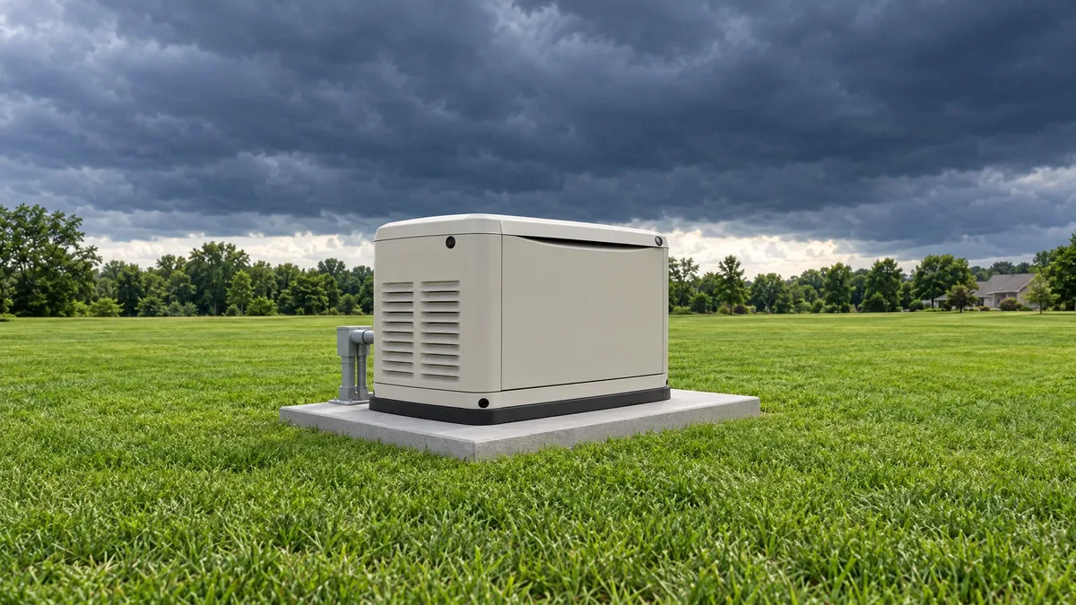 Outdoor standby generator beneath gathering summer storm clouds